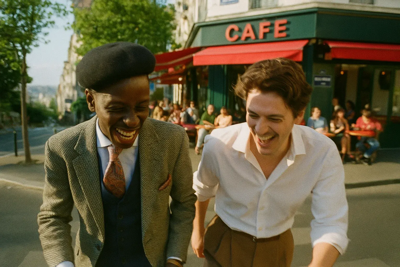 Two men laughing together outside a Paris café