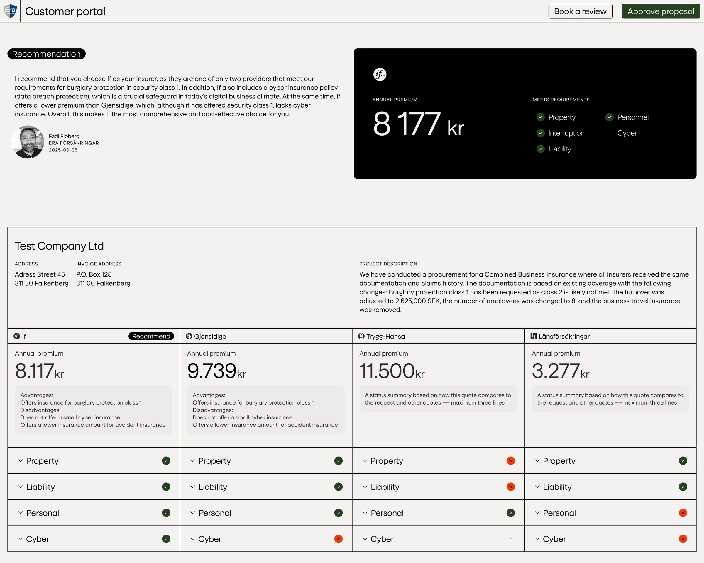 Client portal with Nimio's insurance recommendation