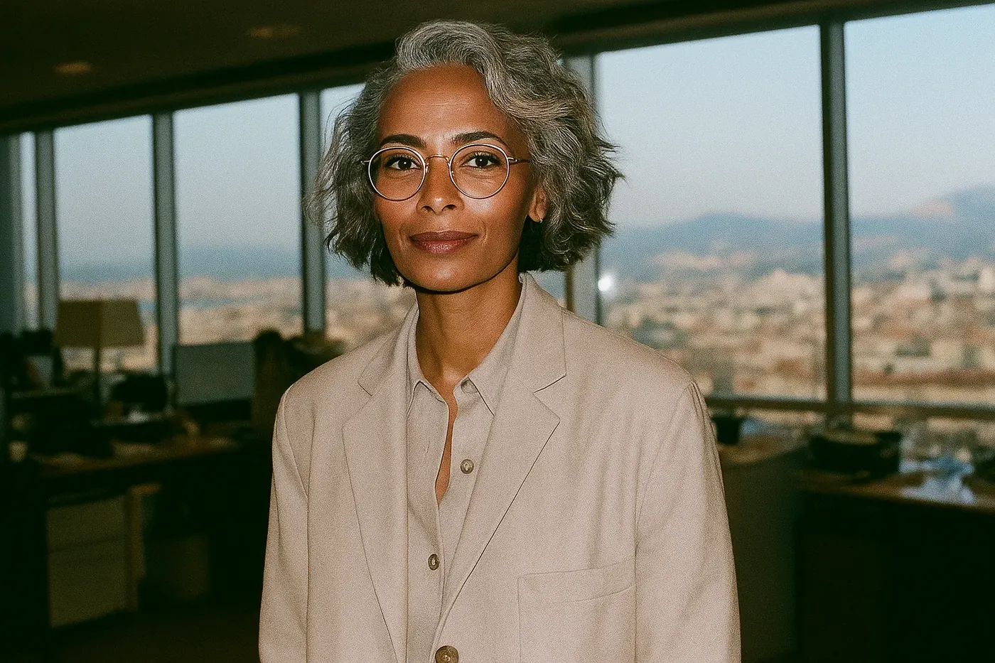 Professional standing in an office overlooking the city