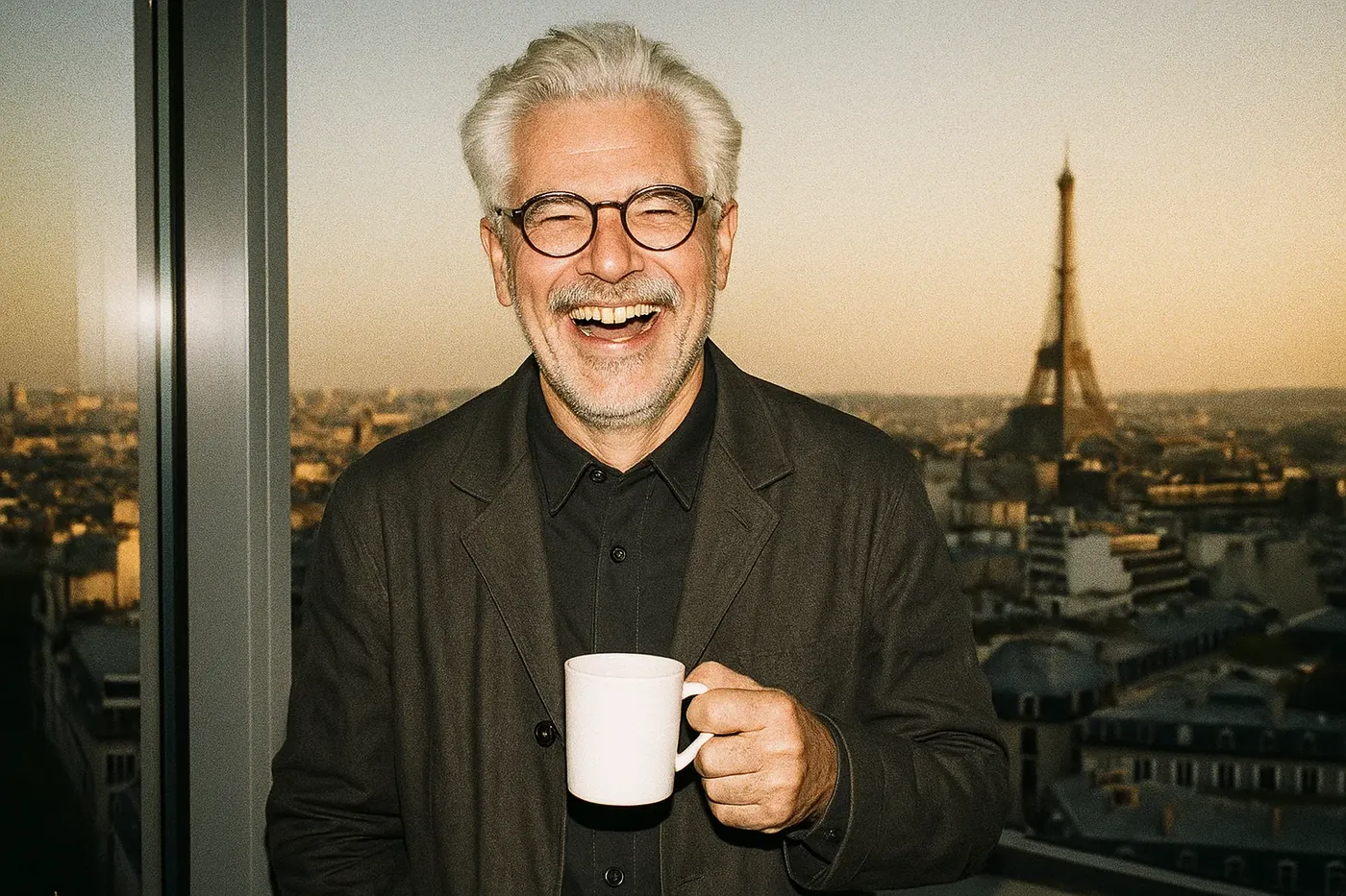 Smiling broker holding a coffee cup in front of a city view
